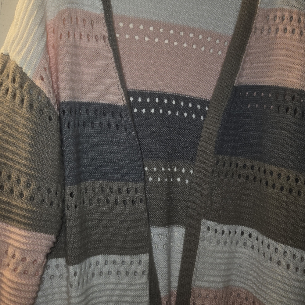 For The Cold Weather Striped Open-Front Knit Sweater Cardigan Pink, Gray, Cream